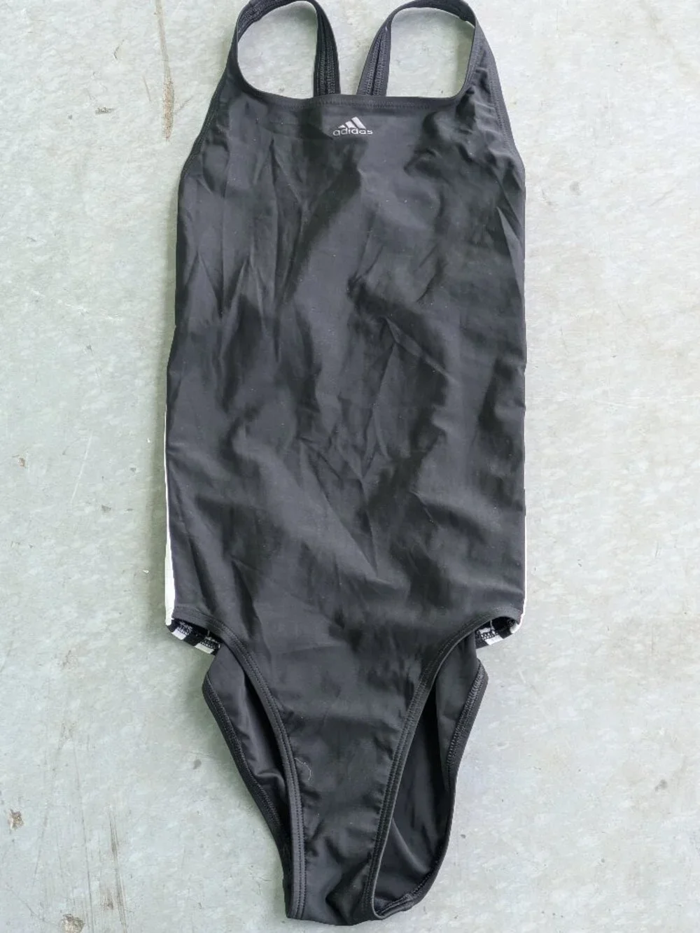 Adidas One Piece Black Athletic Swimsuit with White Side Striped Girls 14-16 Y